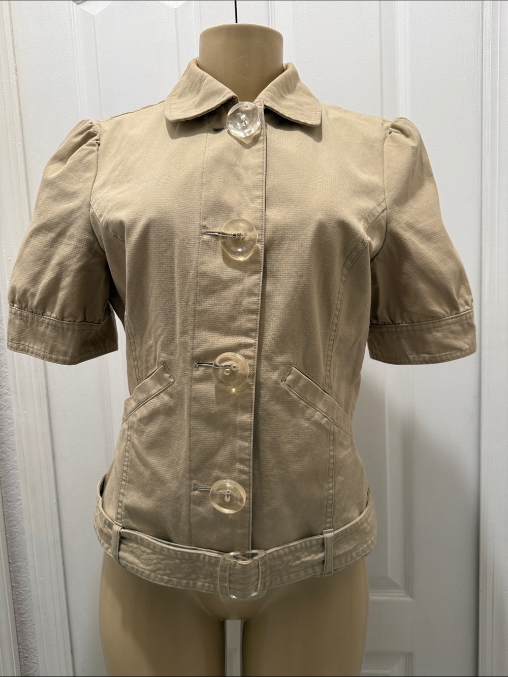 Beige Short-Sleeve Trench Jacket with Belt